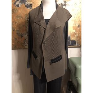 Angel Apparel Womens Large Brown Knit Sweater Vest Black Zip Pockets Pin Close